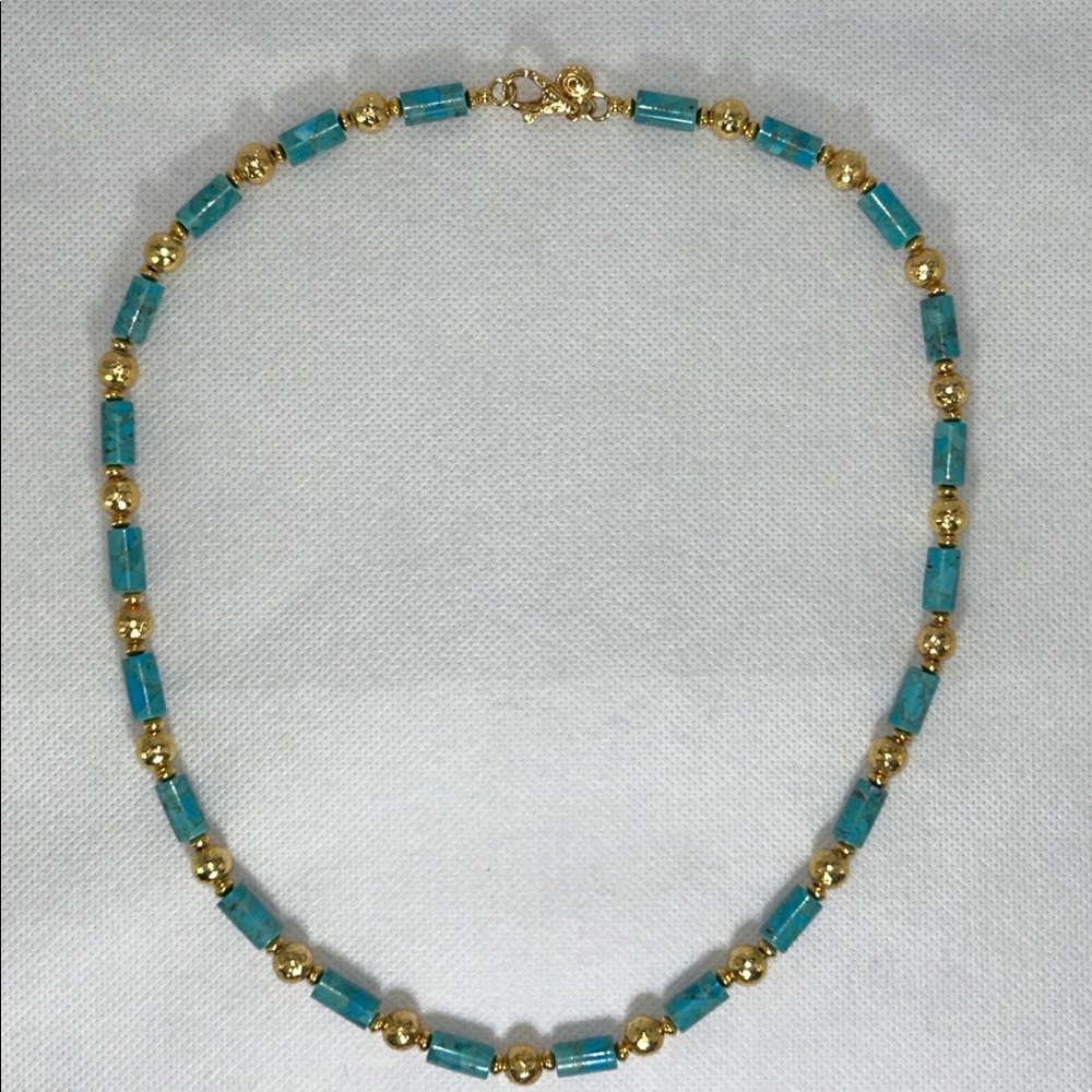Genuine Turquoise Hammered Gold Plated Bronze Bead Necklace By Bellezza